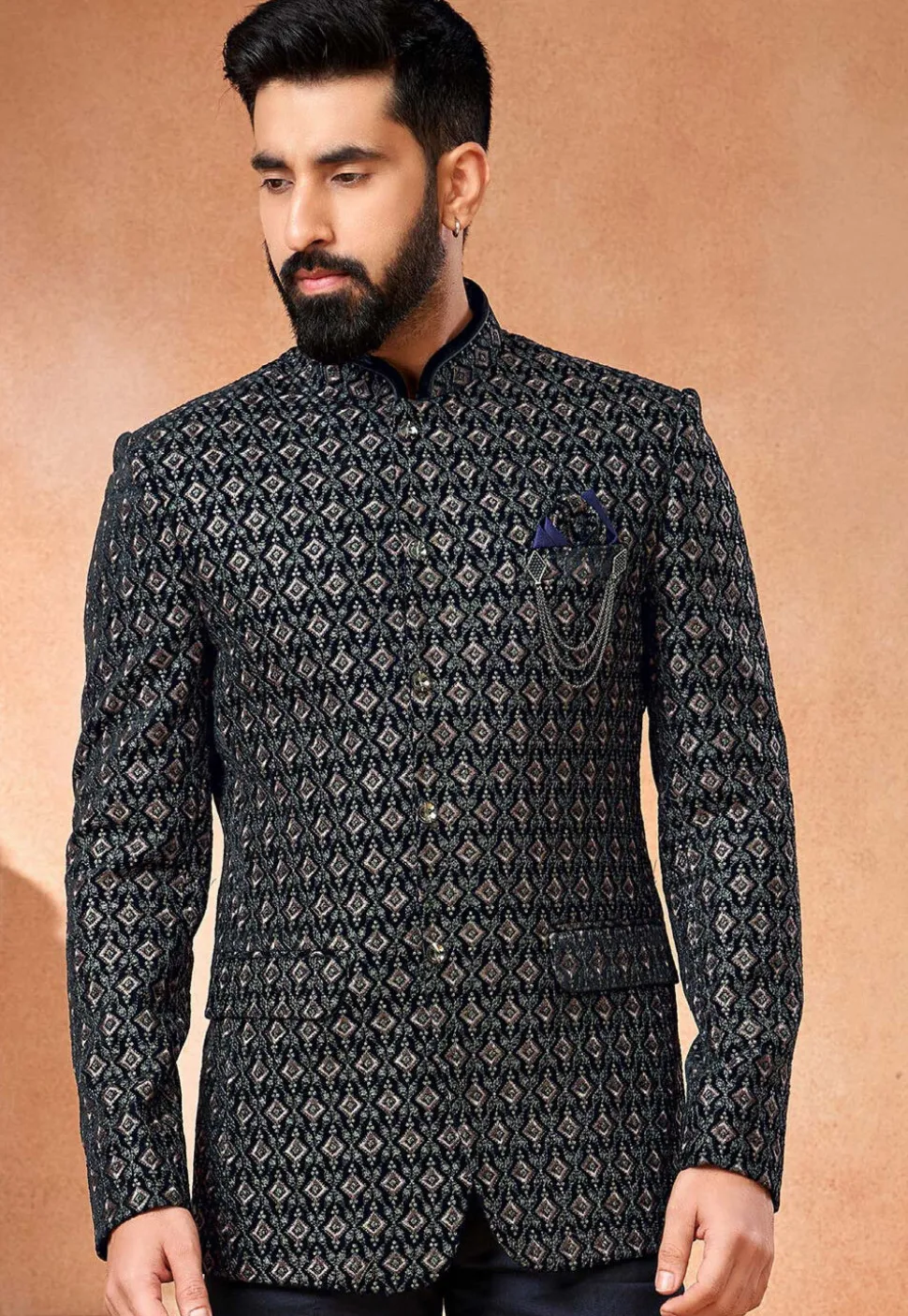 Embroidered Velvet Jodhpuri Jacket in Navy Blue