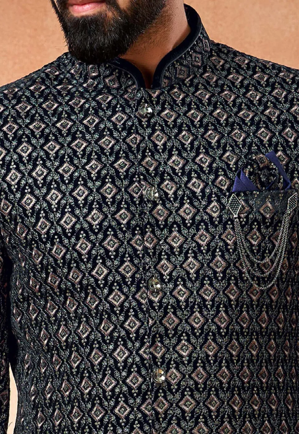 Embroidered Velvet Jodhpuri Jacket in Navy Blue