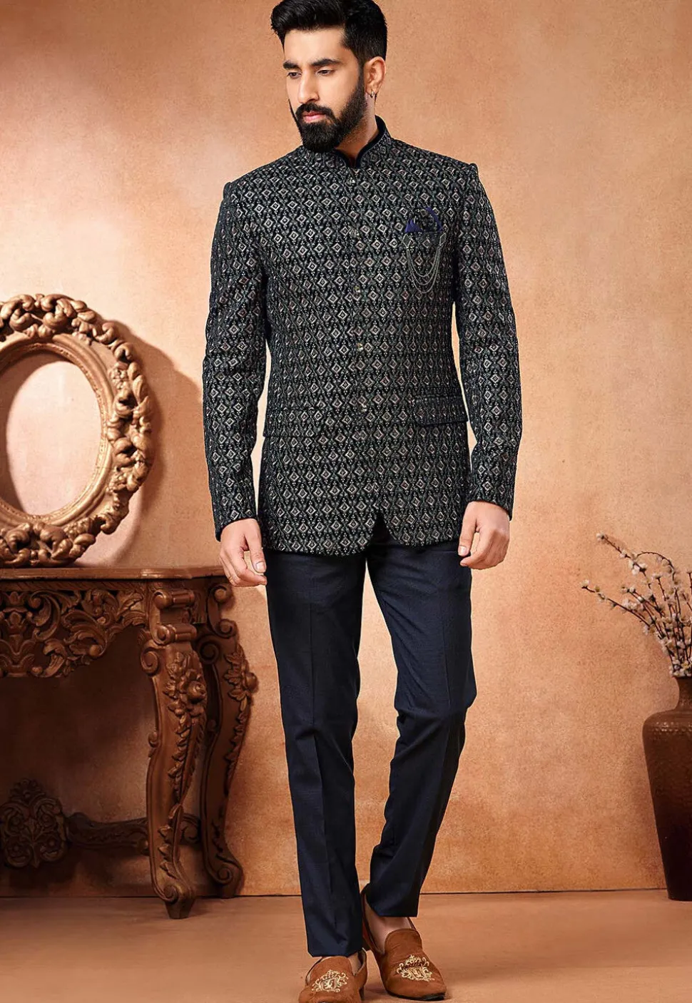 Embroidered Velvet Jodhpuri Jacket in Navy Blue