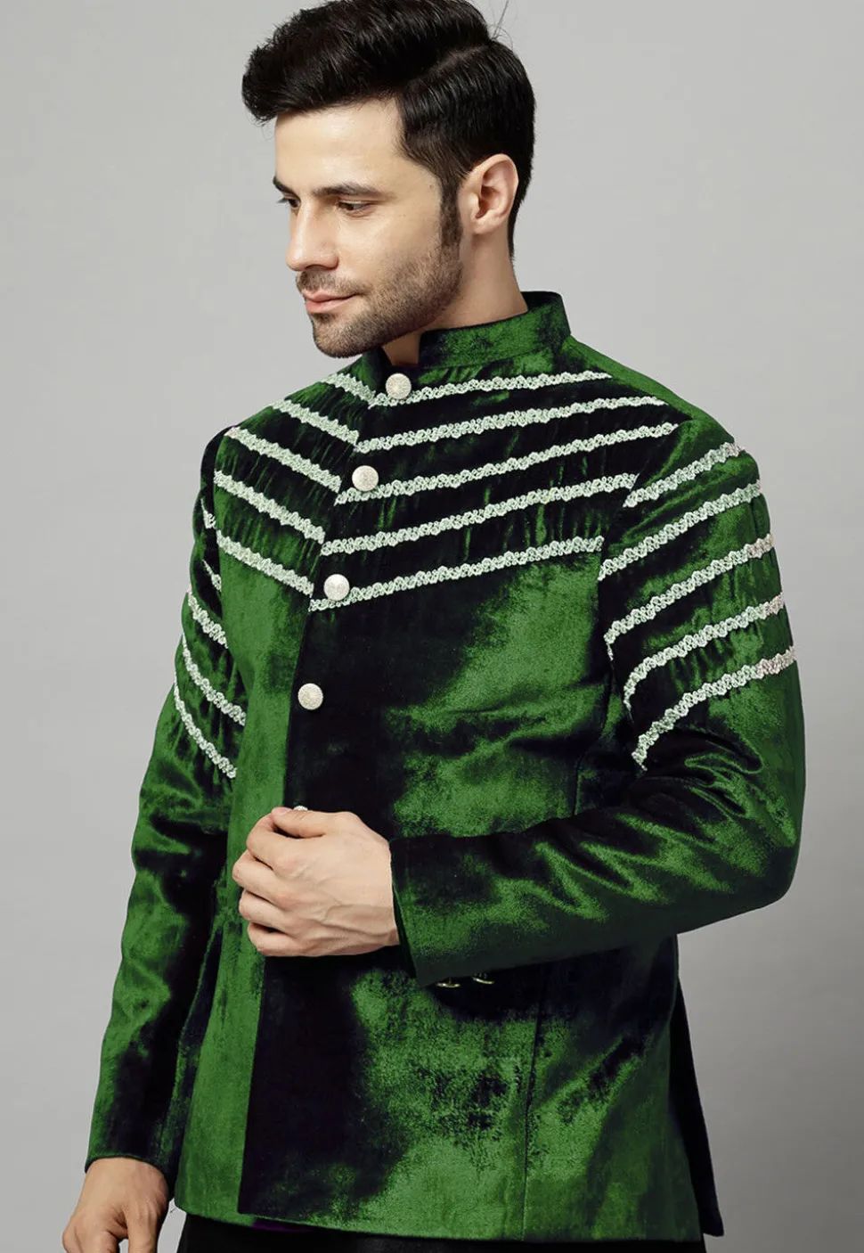 Embroidered Velvet Jodhpuri Jacket in Dark Green