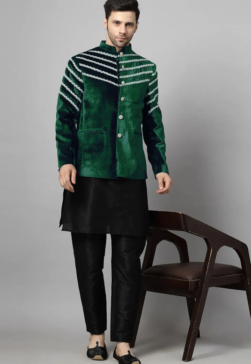 Embroidered Velvet Jodhpuri Jacket in Dark Green