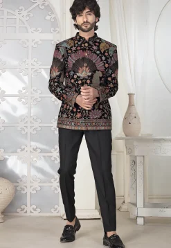 Embroidered Velvet Jodhpuri Suit in Black