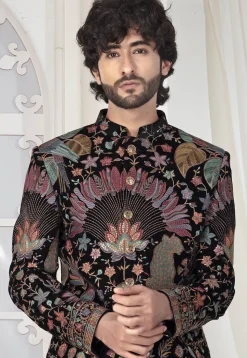 Embroidered Velvet Jodhpuri Suit in Black