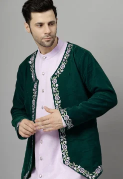 Embroidered Velvet Jodhpuri Suit in Green and Light Purple