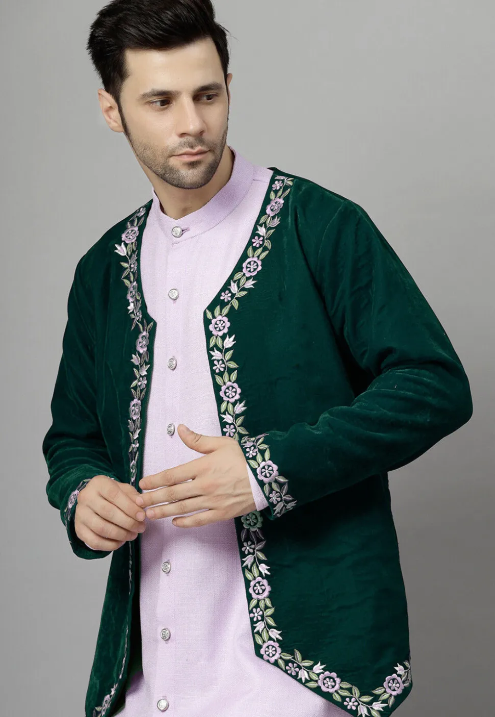 Embroidered Velvet Jodhpuri Suit in Green and Light Purple