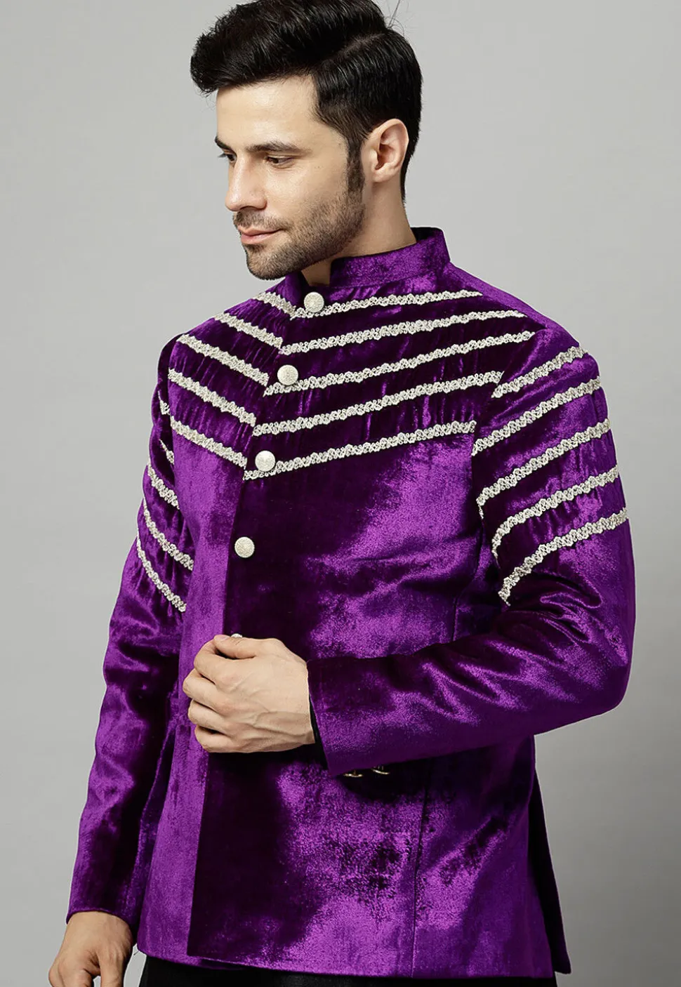 Embroidered Velvet Jodhpuri Jacket in Dark Violet