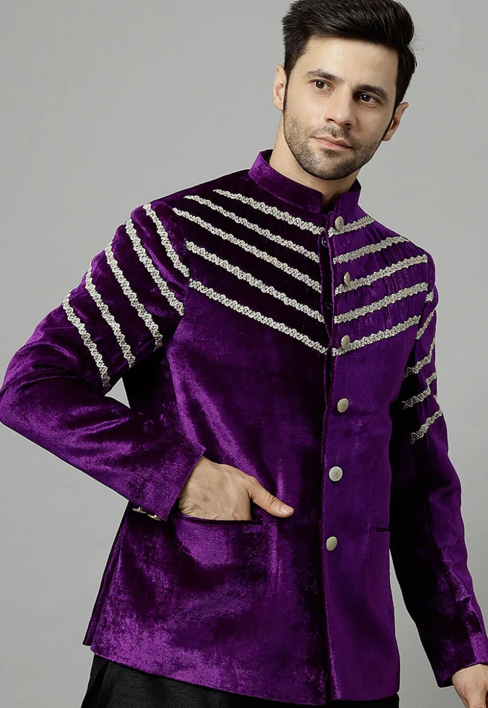 Embroidered Velvet Jodhpuri Jacket in Dark Violet