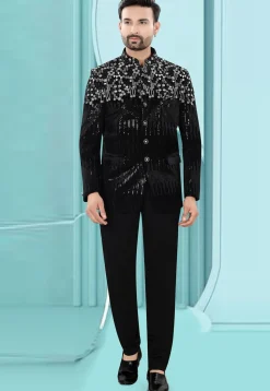Embroidered Velvet Jodhpuri Suit in Black