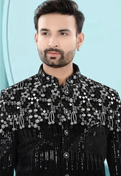 Embroidered Velvet Jodhpuri Suit in Black