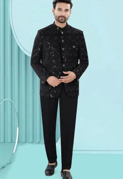 Embroidered Velvet Jodhpuri Jacket in Black