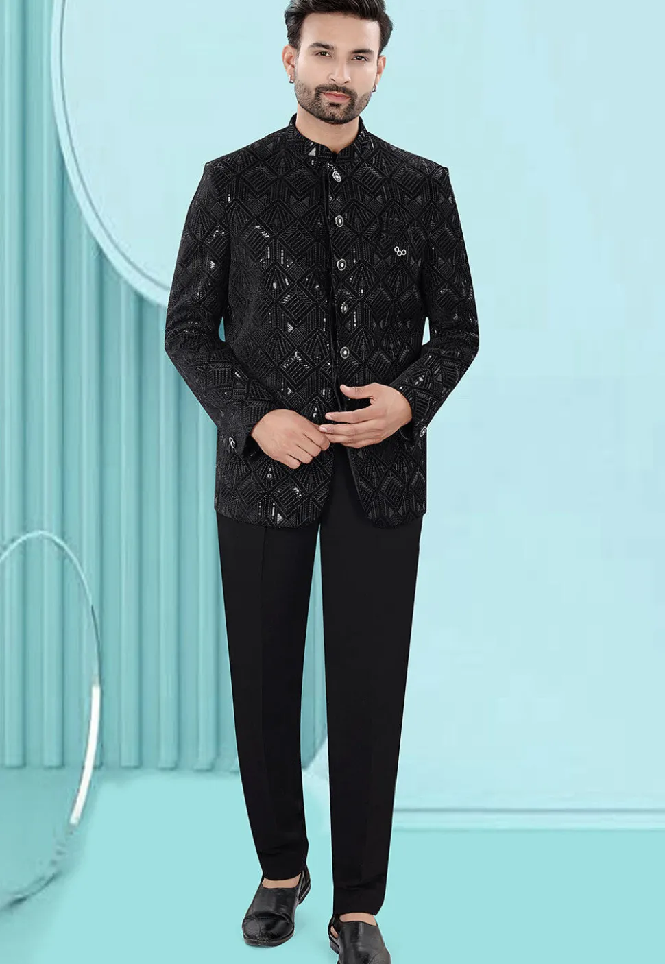 Embroidered Velvet Jodhpuri Jacket in Black