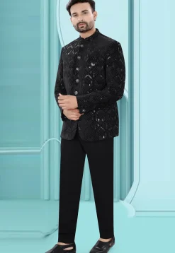 Embroidered Velvet Jodhpuri Jacket in Black
