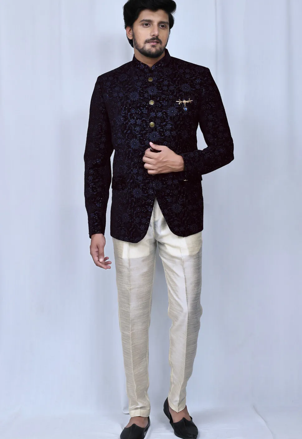 Embroidered Velvet Jodhpuri Set in Navy Blue