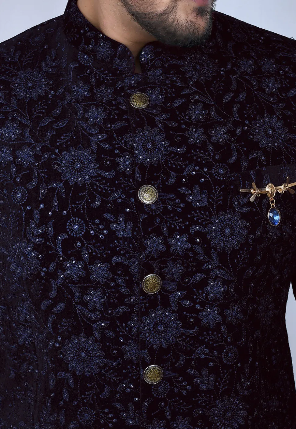 Embroidered Velvet Jodhpuri Set in Navy Blue