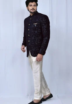Embroidered Velvet Jodhpuri Set in Navy Blue