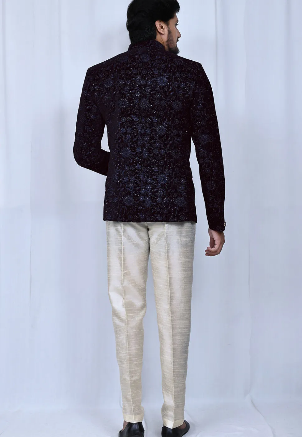 Embroidered Velvet Jodhpuri Set in Navy Blue