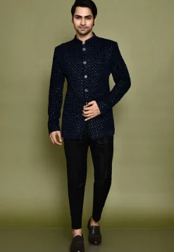 Embroidered Velvet Kurta Set in Navy Blue