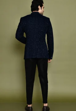 Embroidered Velvet Kurta Set in Navy Blue