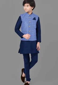 Embroidered Velvet Kurta Set in Navy Blue