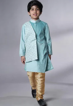 Embroidered Velvet Kurta Set in Sky Blue
