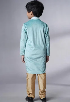 Embroidered Velvet Kurta Set in Sky Blue