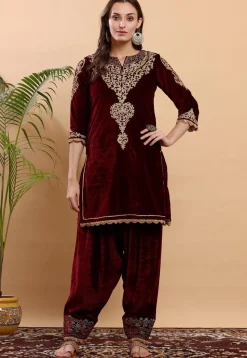 Embroidered Velvet Kurta Set in Maroon