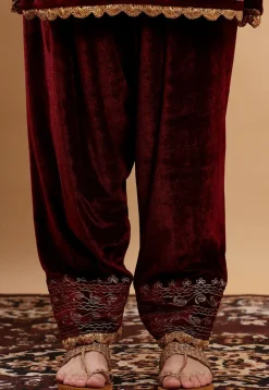 Embroidered Velvet Kurta Set in Maroon