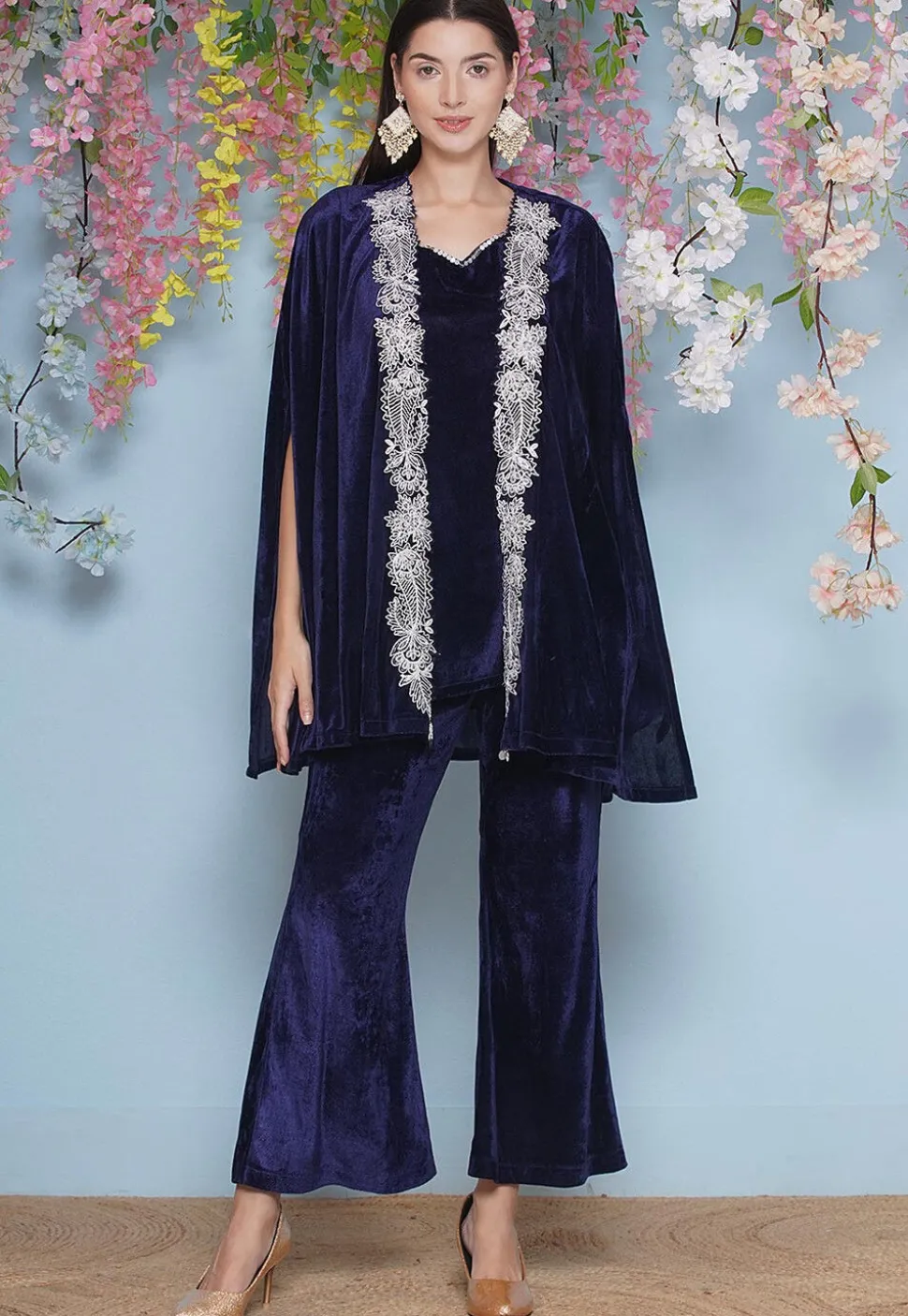 Embroidered Velvet Kurti Set in Navy Blue