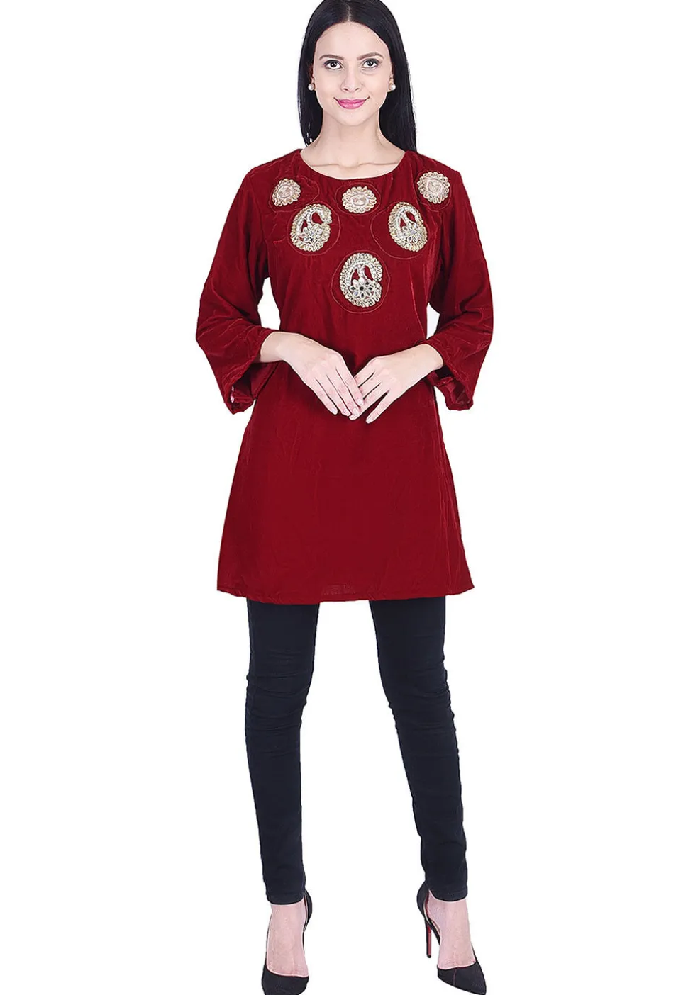 Embroidered Velvet Kurti Maroon