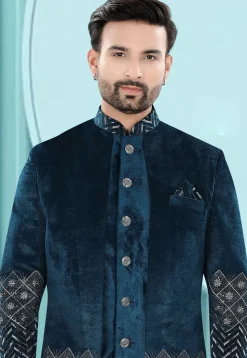 Embroidered Velvet Layered Sherwani in Teal Blue