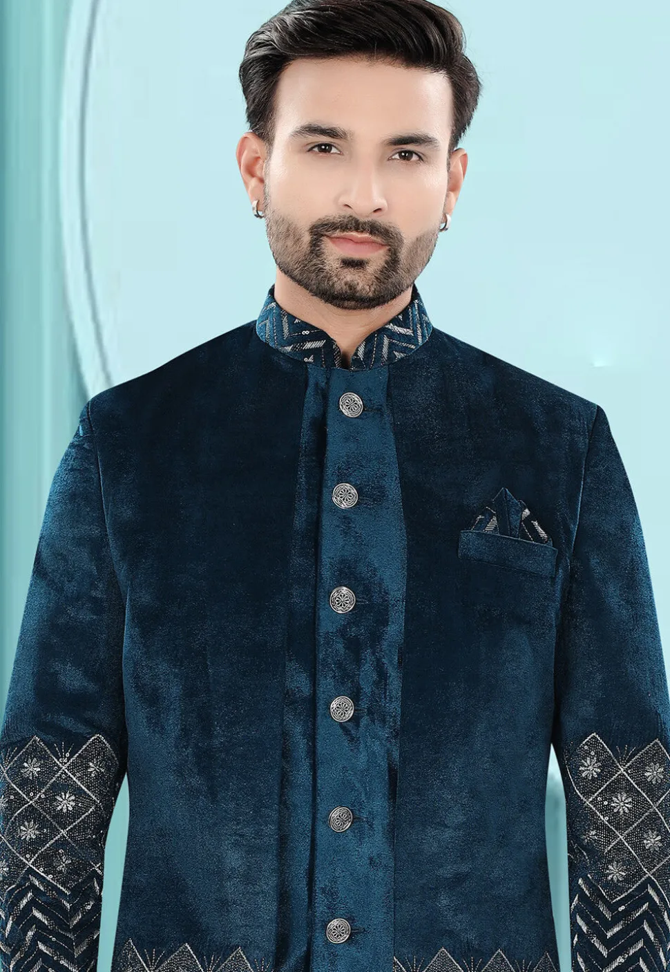 Embroidered Velvet Layered Sherwani in Teal Blue
