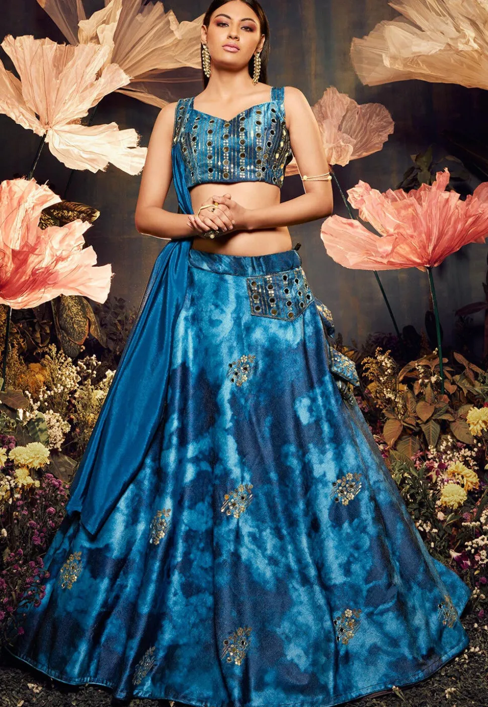 Embroidered Velvet Lehenga in Blue
