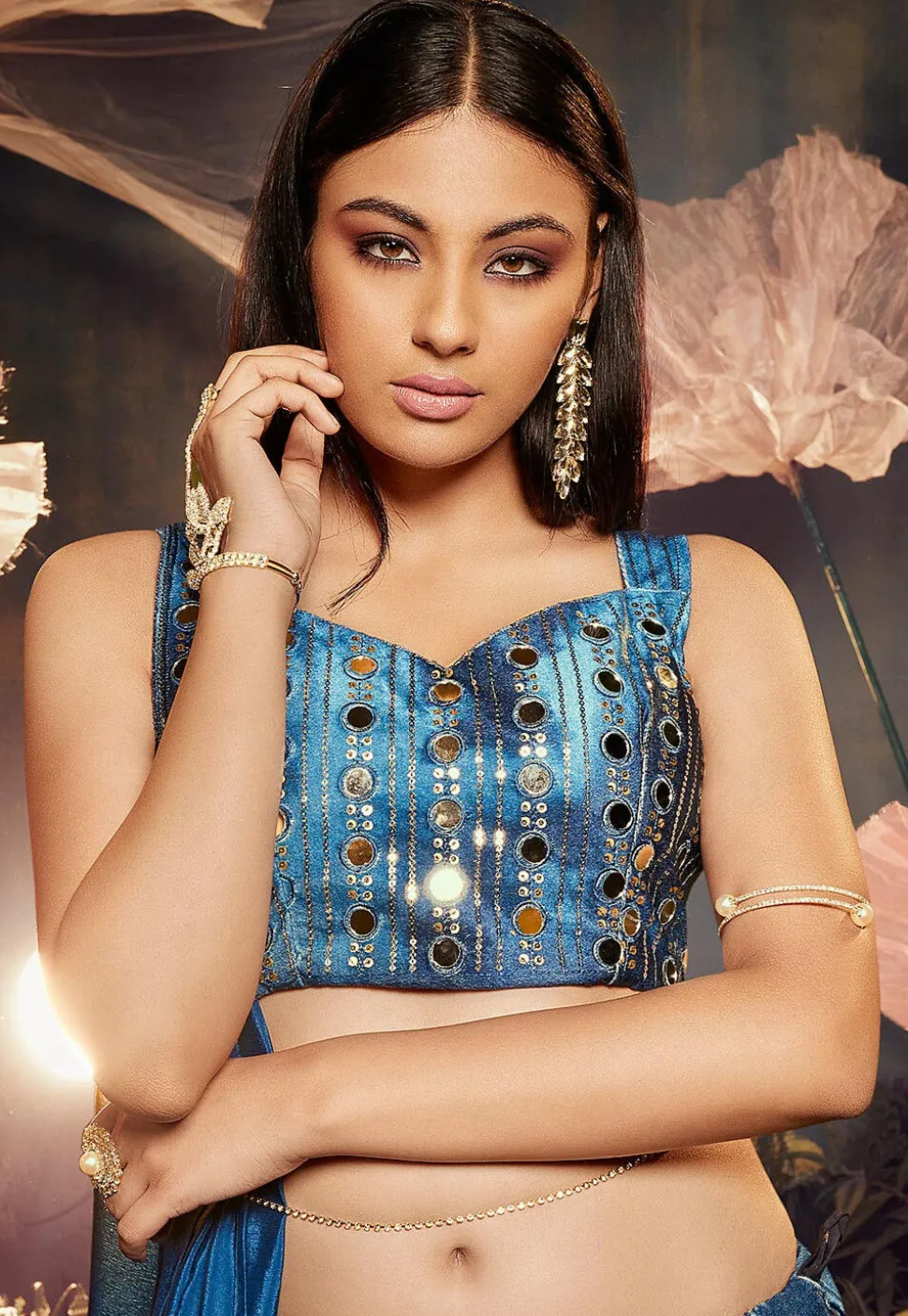 Embroidered Velvet Lehenga in Blue