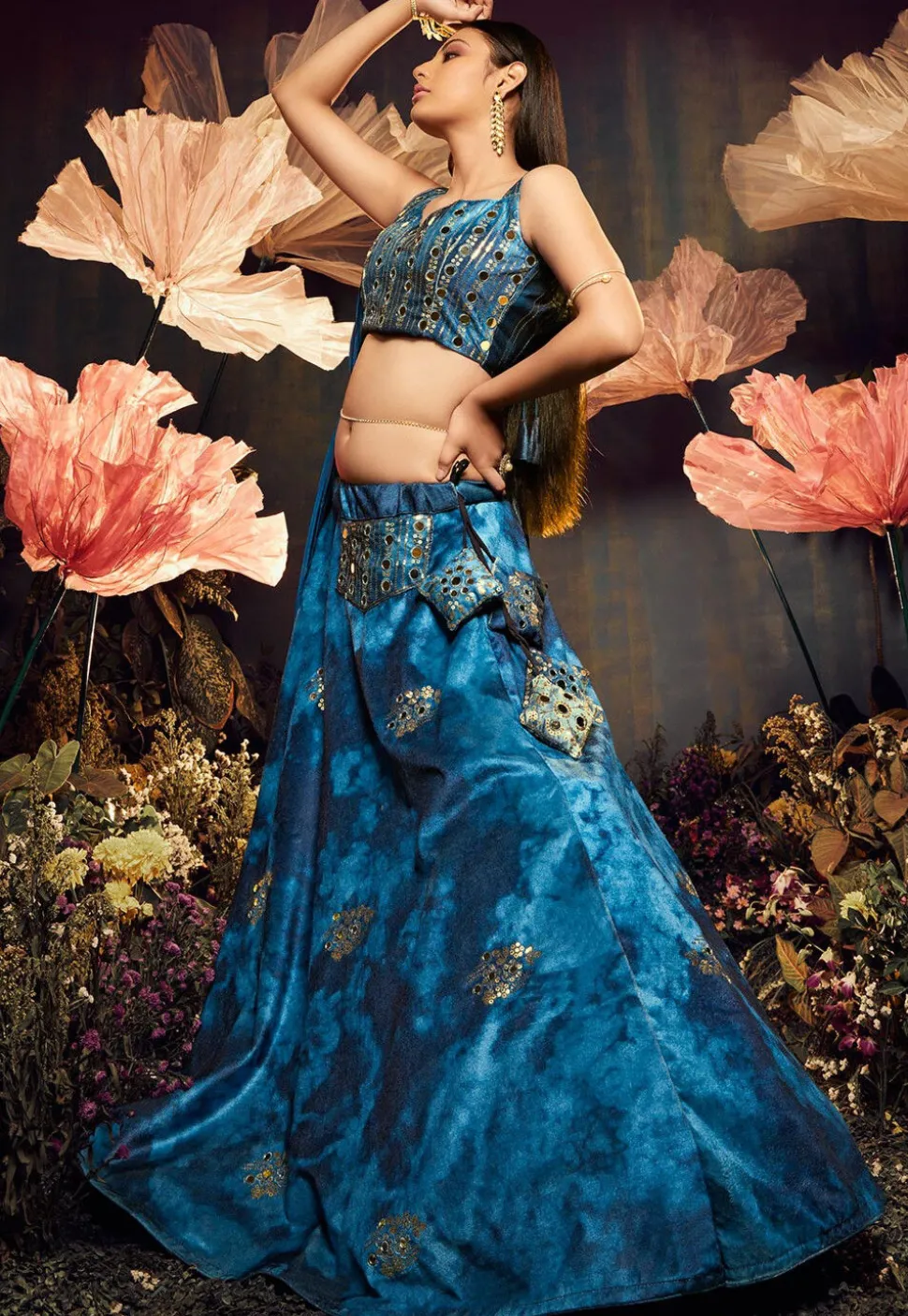 Embroidered Velvet Lehenga in Blue