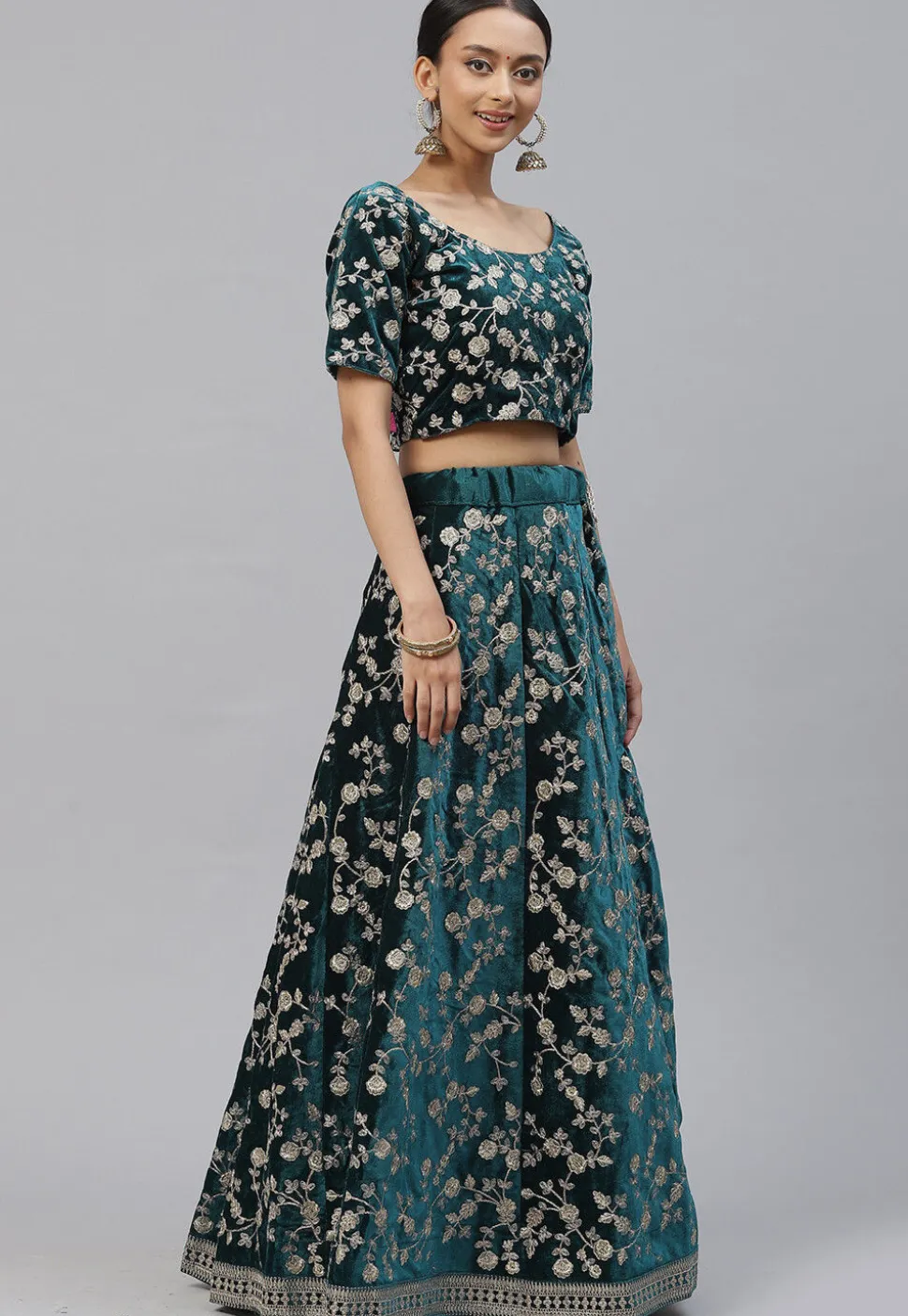 Embroidered Velvet Lehenga in Teal Blue