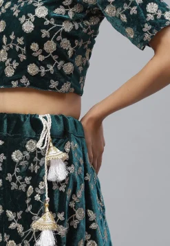 Embroidered Velvet Lehenga in Teal Blue
