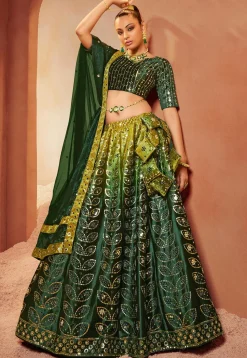 Embroidered Velvet Lehenga in Shaded Green