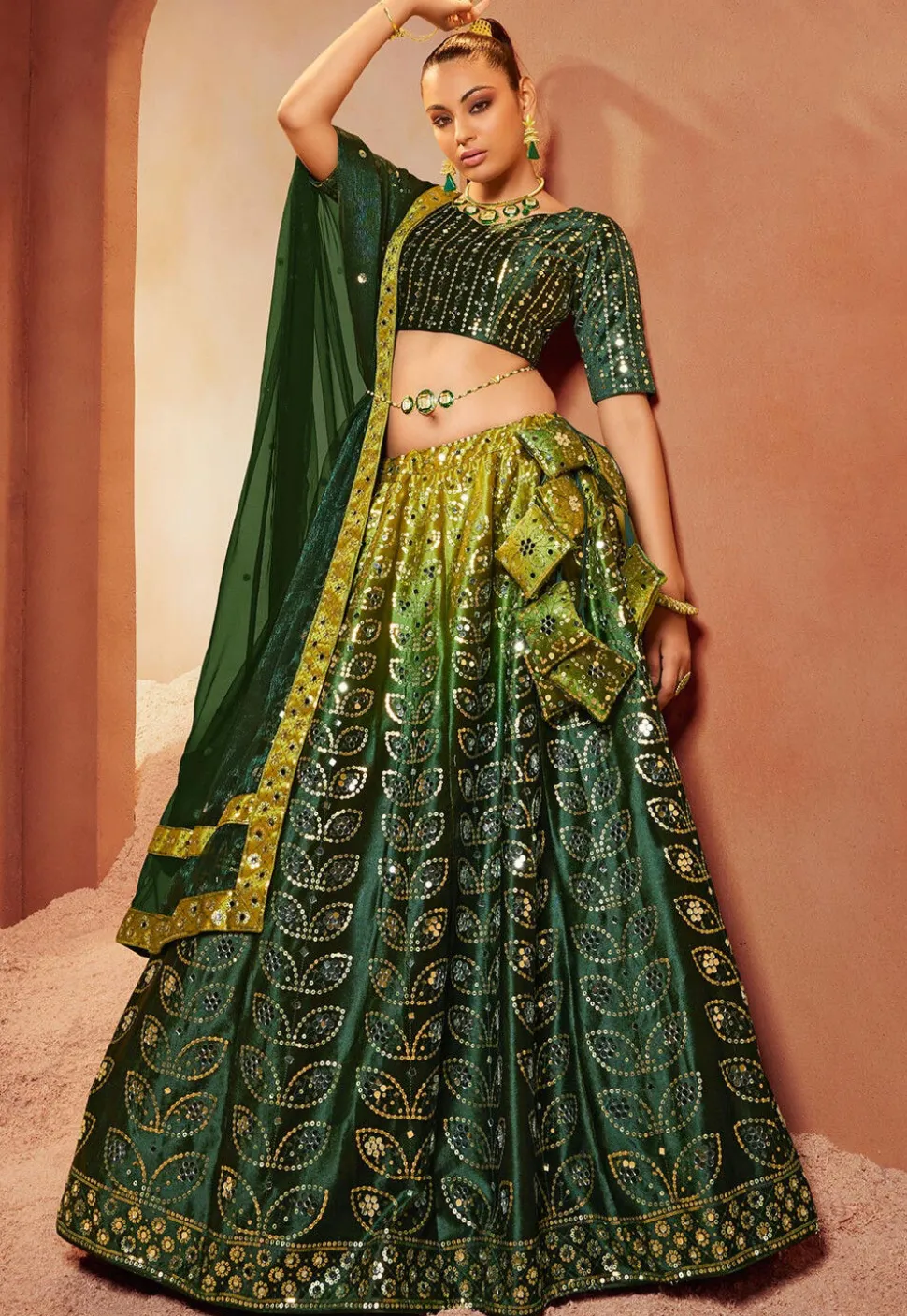 Embroidered Velvet Lehenga in Shaded Green