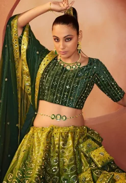 Embroidered Velvet Lehenga in Shaded Green