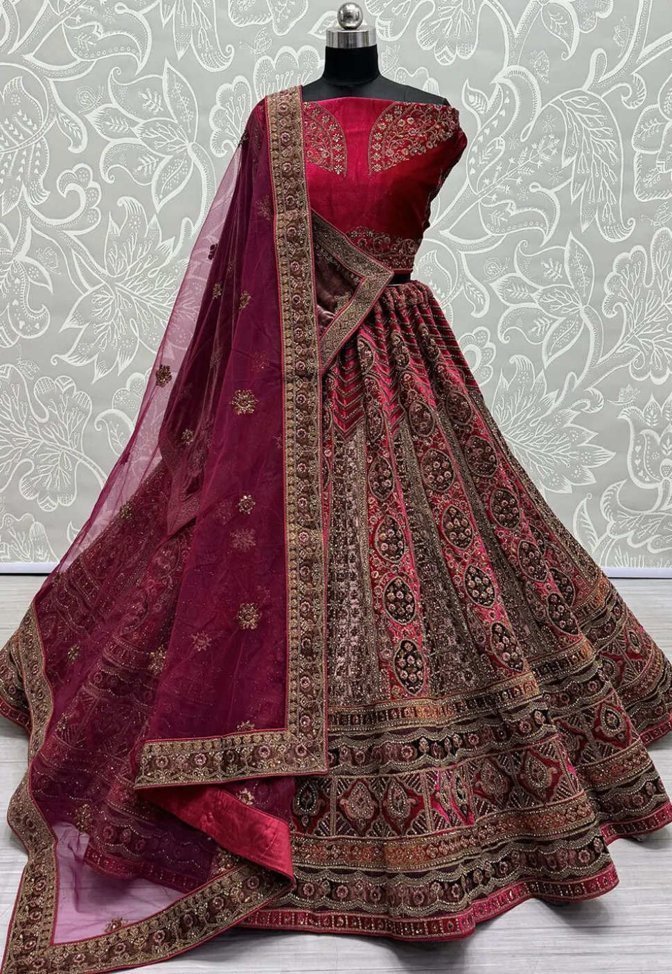 Embroidered Velvet Lehenga in Fuchsia
