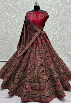 Embroidered Velvet Lehenga in Fuchsia