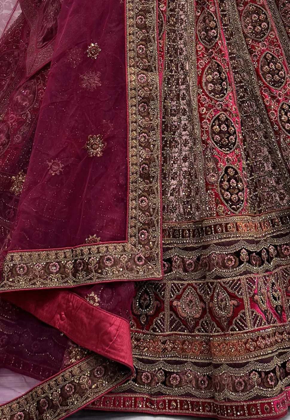 Embroidered Velvet Lehenga in Fuchsia