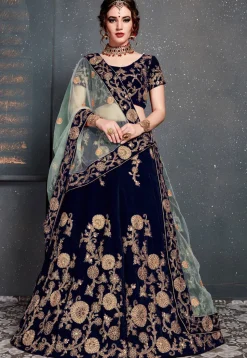 Embroidered Velvet Lehenga in Navy Blue