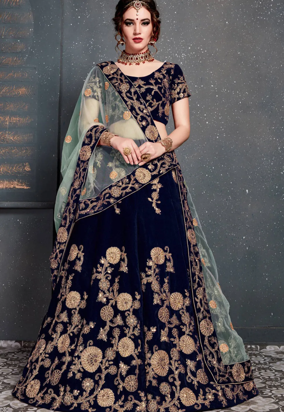 Embroidered Velvet Lehenga in Navy Blue