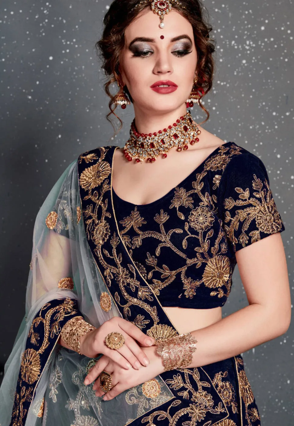 Embroidered Velvet Lehenga in Navy Blue