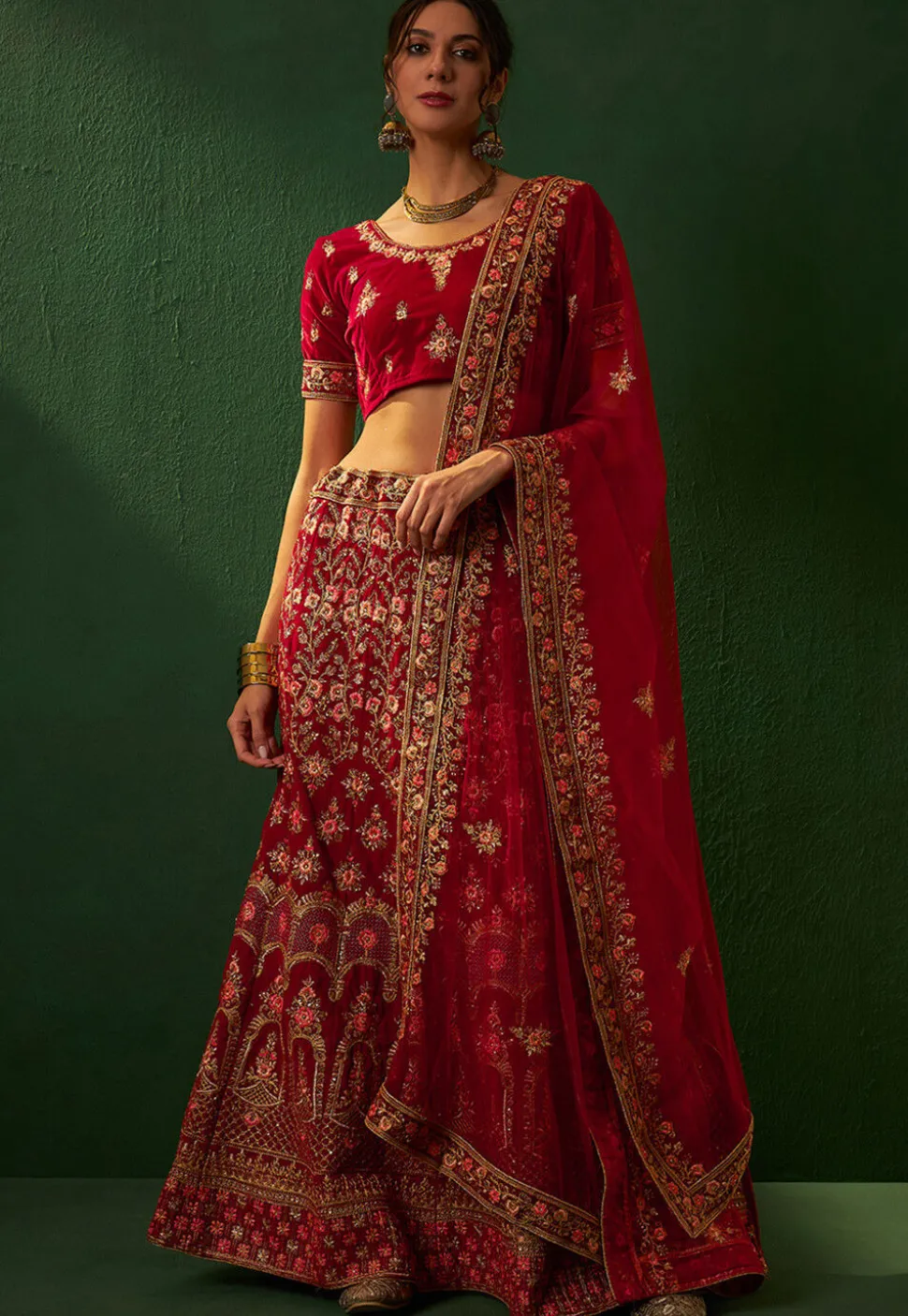 Embroidered Velvet Lehenga in Red
