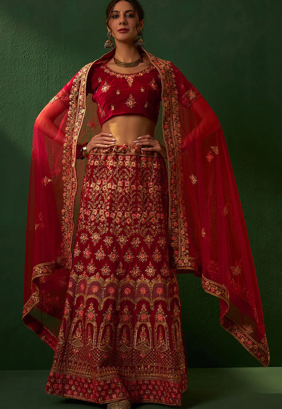 Embroidered Velvet Lehenga in Red
