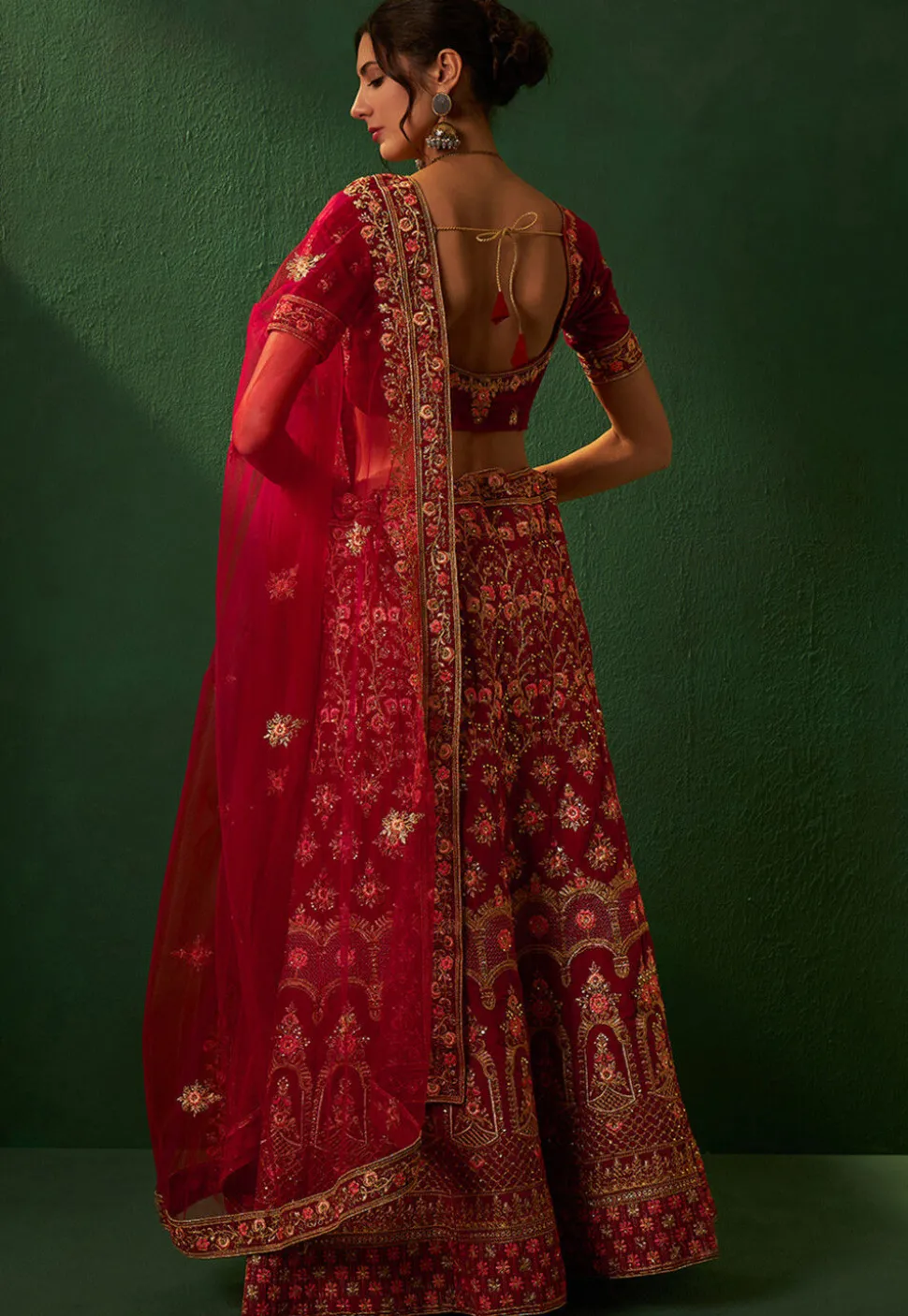 Embroidered Velvet Lehenga in Red