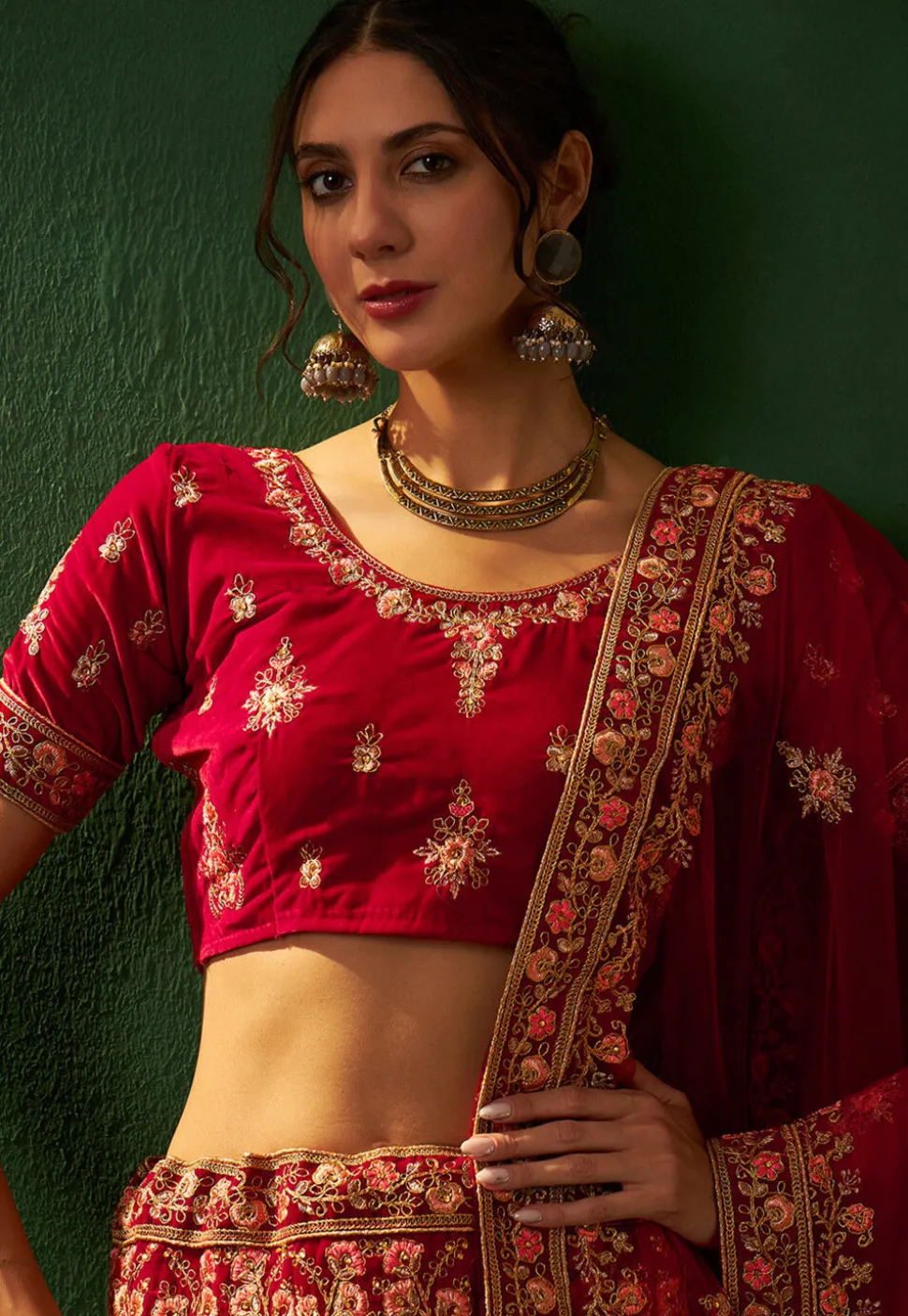 Embroidered Velvet Lehenga in Red