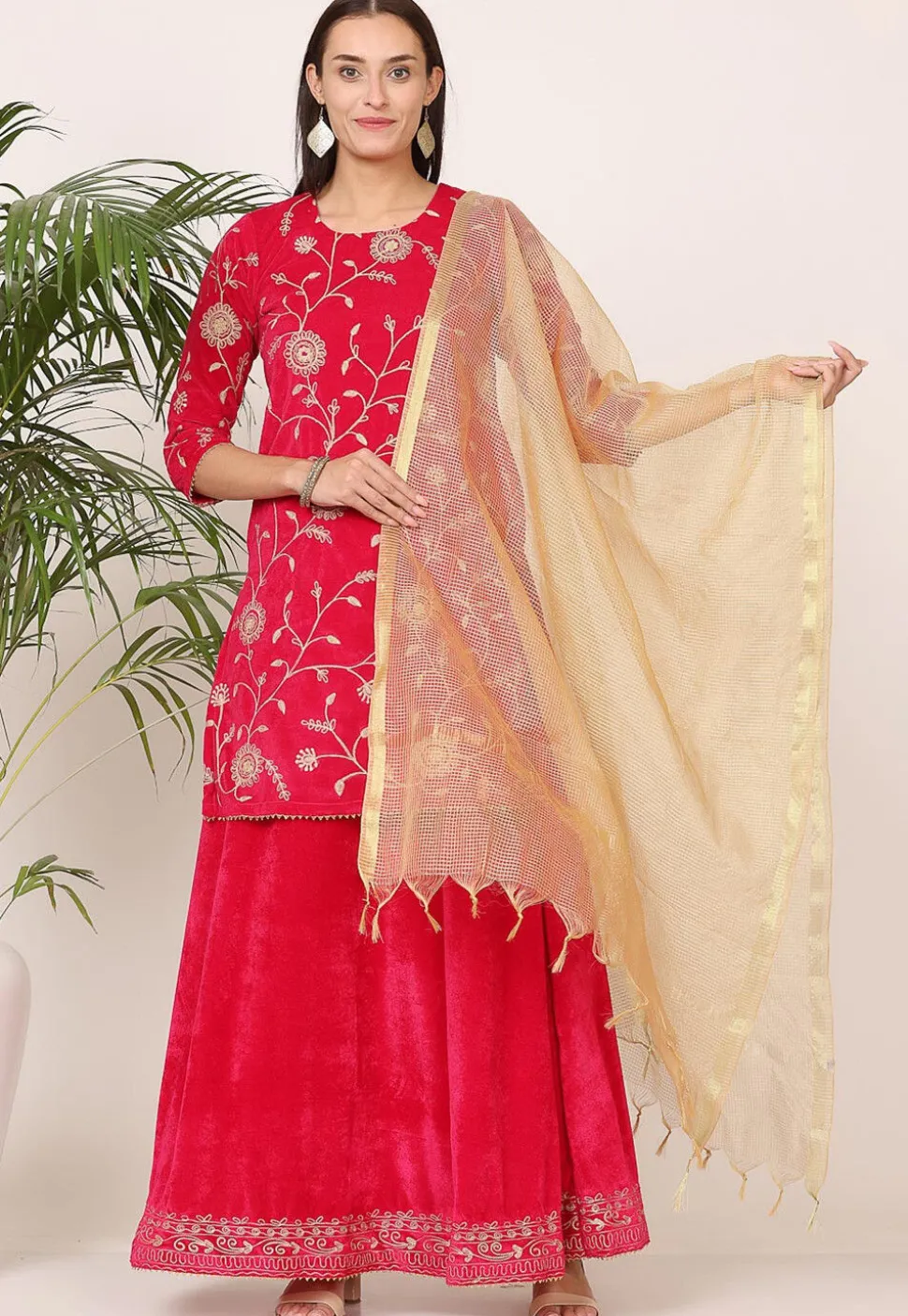Embroidered Velvet Lehenga in Pink